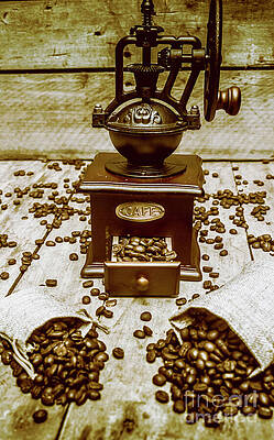 Wall Art featuring the photograph Pair Coffee Bean Bags Spilled In Front Of Grinder by Jorgo Photography