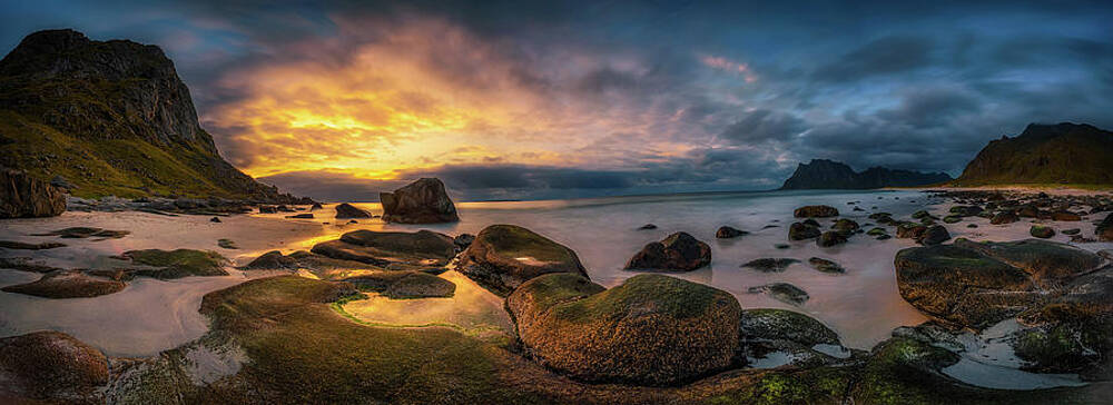 Wall Art featuring the photograph Panorama Of The Uttakleiv Beach In Norway At Sunset by Miroslav Liska
