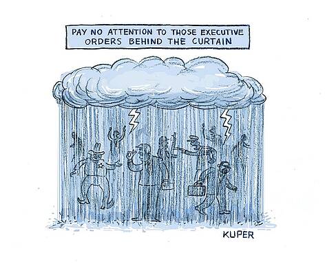 Lightning Drawing - Pay No Attention To Those Executive Orders Behind The Curtain by Peter Kuper