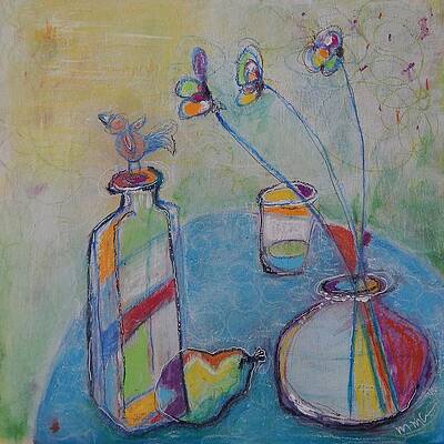 Flower Wall Art featuring the mixed media Pear And Bird by Mary Conner