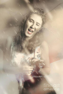 Wall Art featuring the photograph Pin-up Woman Dancing In A Shower Of Rain by Jorgo Photography