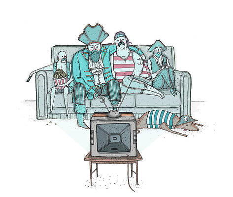 Wall Art featuring the drawing Pirates Sitting On Sofa And Watching Television Set by David M Galletly
