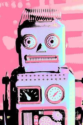 Retro Robot on Pink Background Wall Art