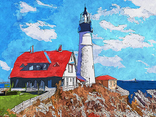 Landscape Painting - Portland Head Light - 3 by AM FineArtPrints