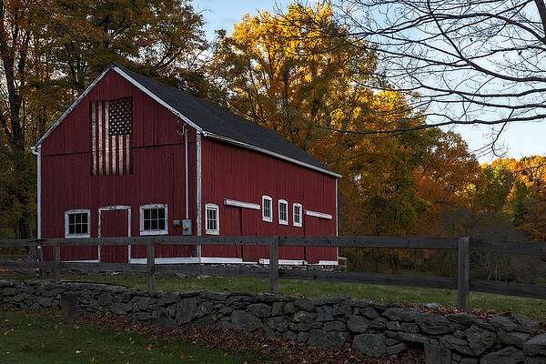 Autumn Barn with American Flag Photograph