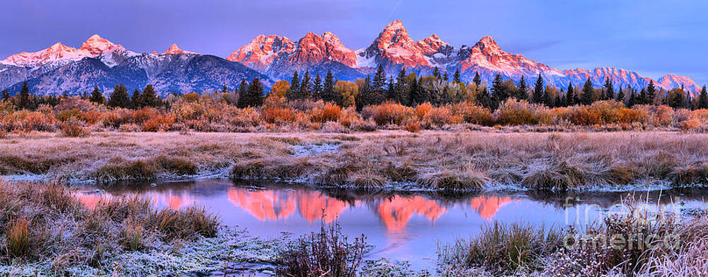 Sunrise Wall Art featuring the photograph Red Tip Teton Reflection Panorama by Adam Jewell