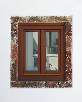 Textured Photograph - Reflecting On Santorini -- Window With Reflection On Santorini, Greece by Darin Volpe