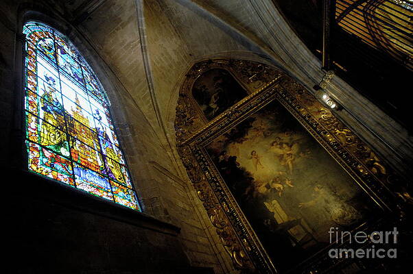 Wall Art featuring the photograph Religious Painting And Stained Glass Window Inside A Chapel At The Seville Cathedral by Sami Sarkis Photography