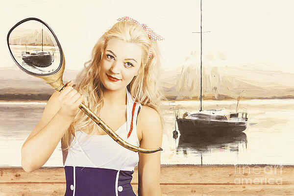 Wall Art featuring the digital art Retro Pin Up Sailor Woman With Nautical Periscope by Jorgo Photography