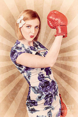 Wall Art featuring the photograph Retro Pinup Boxing Girl Fist Pumping Glove Hand by Jorgo Photography