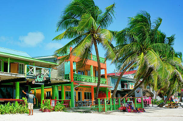 Wall Art featuring the photograph San Pedro Beach Storefronts Ambergris Caye Belize by Waterdancer