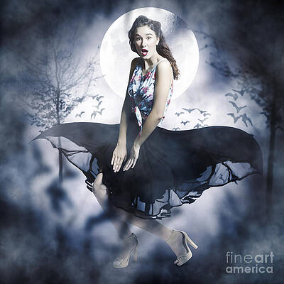 Wall Art featuring the photograph Scared Young Woman In Eerie Halloween Forest by Jorgo Photography