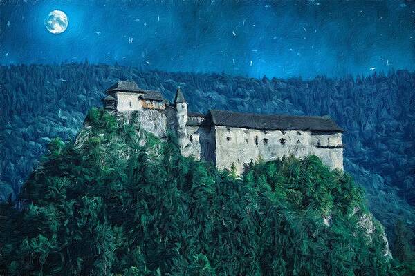 Digital Art - Scary Castle In A Forest At Night With Moon by Miroslav Liska
