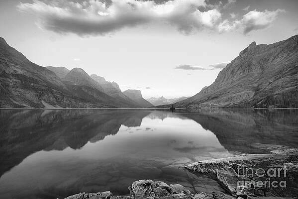Wall Art featuring the photograph St Mary Lake Clouds And Calm Water Black And White by Adam Jewell
