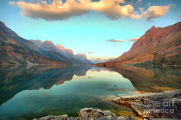 Wall Art featuring the photograph St Mary Lake Clouds And Sunrise by Adam Jewell