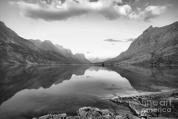 Wall Art featuring the photograph St Mary Lake Clouds And Sunrise Black And White by Adam Jewell