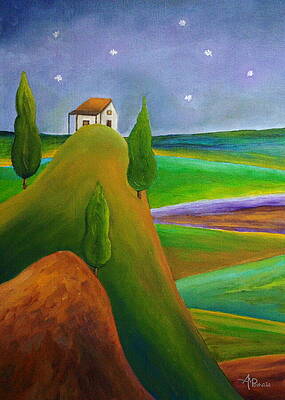 Cottage on Rolling Hills at Night Painting