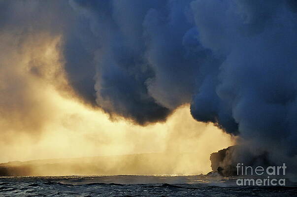 Wall Art featuring the photograph Steam Rising Off Lava Flowing Into Ocean At Sunset by Sami Sarkis Photography
