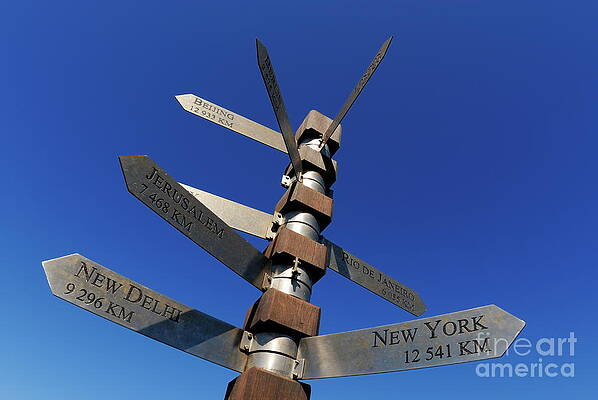 Directional Signs Against Blue Sky Wall Art