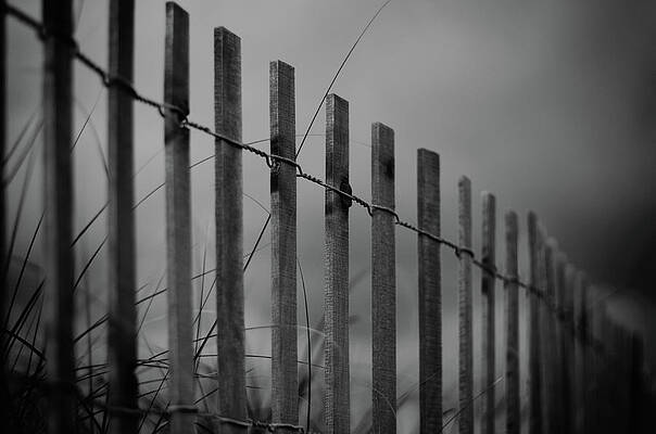 Moody Wall Art featuring the photograph Summer Storm Beach Fence Mono by Laura Fasulo