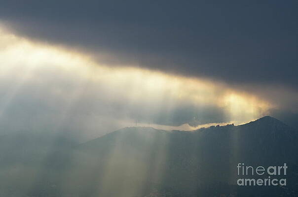 Outdoors Wall Art featuring the photograph Sunbeams Through Clouds On Mountain Range By Stormy Day by Sami Sarkis Photography