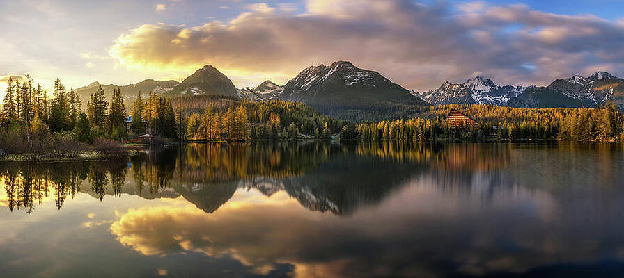 Wall Art featuring the photograph Sunset About Glacial Lake Named Strbske Pleso In National Park H by Miroslav Liska