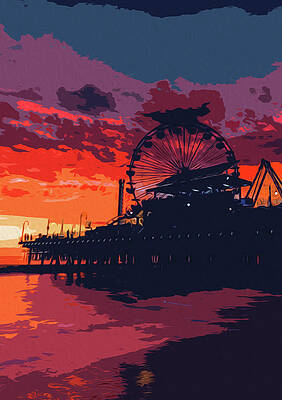Scenic Wall Art featuring the painting Sunset In California, Santa Monica by AM FineArtPrints