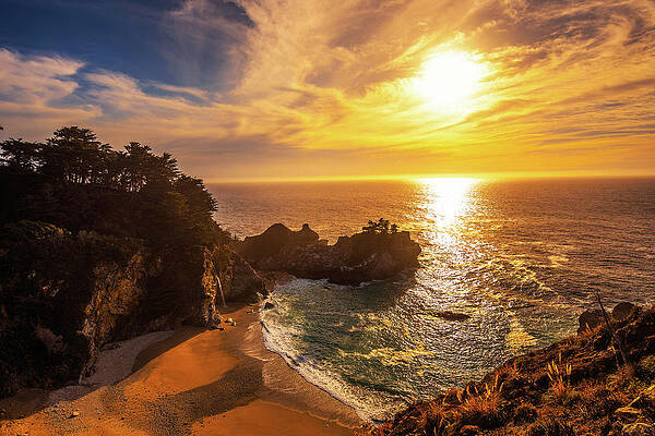 Sunrise Wall Art featuring the photograph Sunset Over McWay Falls On Pacific Coast Highway In California by Miroslav Liska