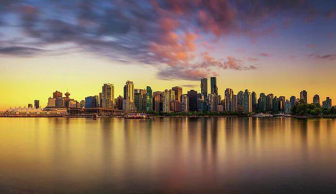 Wall Art featuring the photograph Sunset Skyline Of Vancouver Downtown From Stanley Park by Miroslav Liska