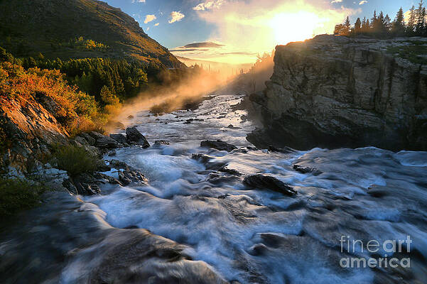 Sunrise Wall Art featuring the photograph Swiftcurrent Falls Fiery Sunrise by Adam Jewell