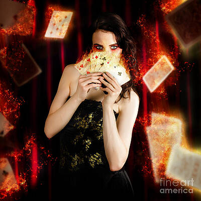 Wall Art featuring the photograph Tarot Magician Holding Magic Fire Cards Of Fate by Jorgo Photography