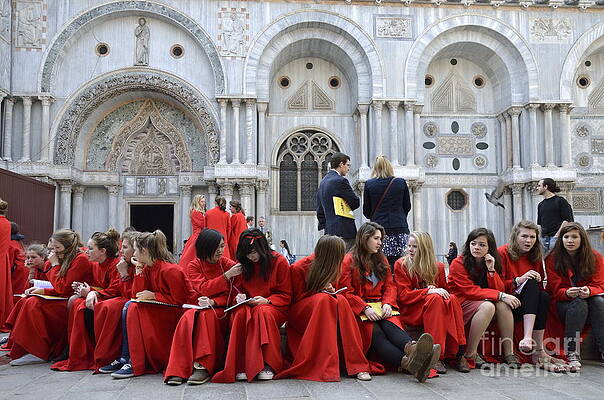 Wall Art featuring the photograph Teenager Girls From A UK Choral Group Waiting Outside St Mark Basilica In Venice by Sami Sarkis Photography