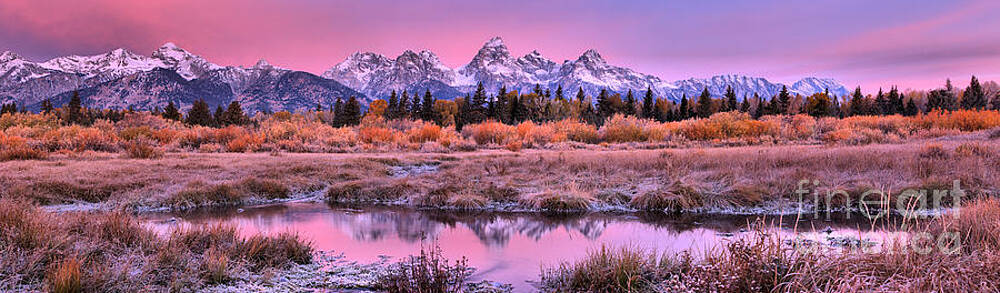 Sunrise Wall Art featuring the photograph Teton Frosty Fall Morning Panorama by Adam Jewell