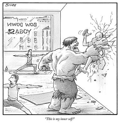 Yoga Wall Art featuring the drawing The Hulk Crushes A Man Against A Wall In A Yoga by Harry Bliss