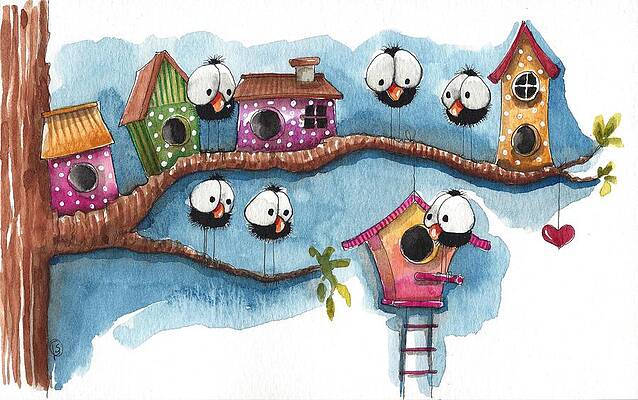 Colorful Birdhouses on a Branch Wall Art