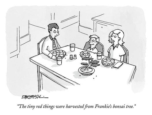 Organic Wall Art featuring the drawing The Tiny Red Things Were Harvested From Frankies Bonsai Tree by Covert C Darbyshire