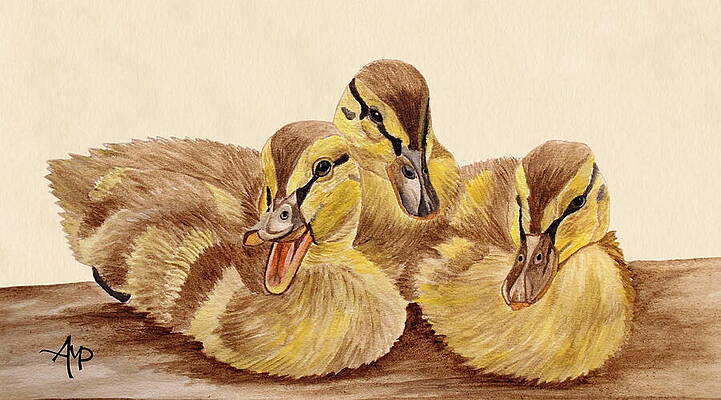 Wildlife Painting - Three Ducklings by Angeles M Pomata
