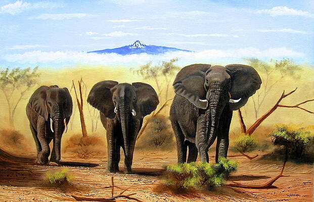 Kenya Wall Art featuring the painting Three Elephants by Wycliffe Ndwiga