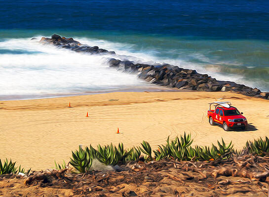 Red SUV on Sandy Beach Wall Art