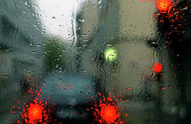 Outdoors Wall Art featuring the photograph Traffic Lights In Rain View Through Windscreen by Sami Sarkis Photography