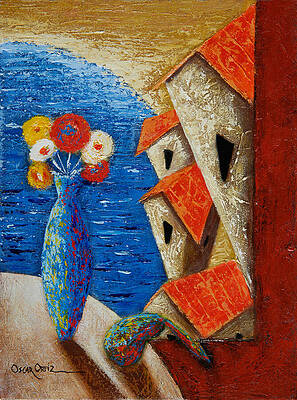 Colorful Coastal View with Flowers Wall Art