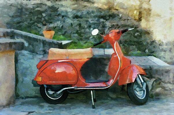 Vintage Red Scooter by Stone Wall Wall Art