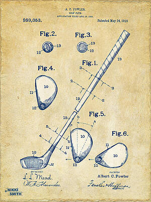 Vintage 1910 Golf Club Patent Artwork by Nikki Marie Smith