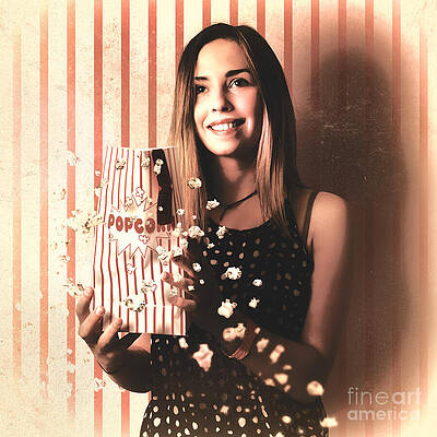 Wall Art featuring the photograph Vintage Cinema Girl With Movie Popcorn. Retro Film by Jorgo Photography
