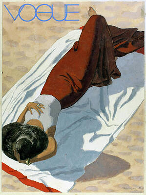 Red Digital Art - Vogue Cover Featuring A Woman Lying On A Beach by Pierre Mourgue