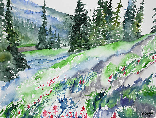 Wilderness Painting - Watercolor - Mountain Pines And Indian Paintbrush by Cascade Colors