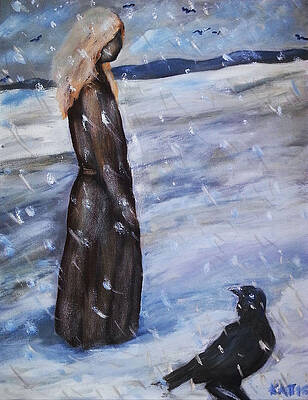 Wall Art featuring the painting Woman In Snow With Crow by Katt Yanda