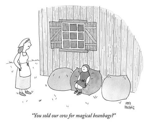 Cow Wall Art featuring the drawing You Sold Our Cow For Magical Beanbags by Amy Hwang