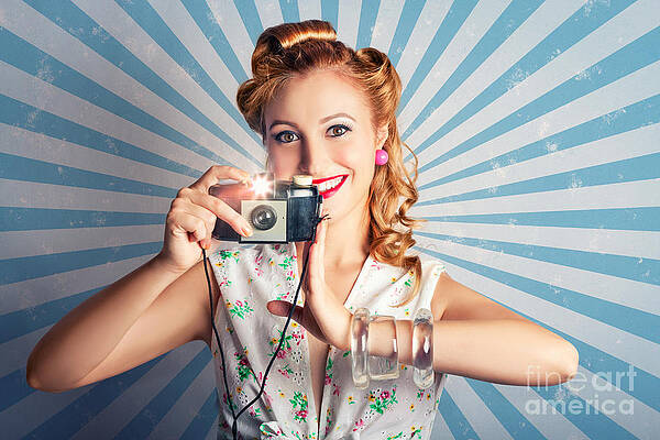 Wall Art featuring the photograph Young Happy Vintage Woman With Old Film Camera by Jorgo Photography
