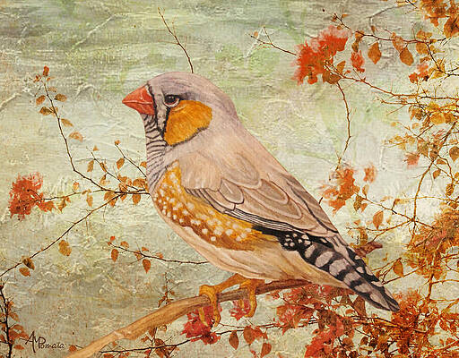 Wildlife Painting - Zebra Finch Among Almond Trees by Angeles M Pomata